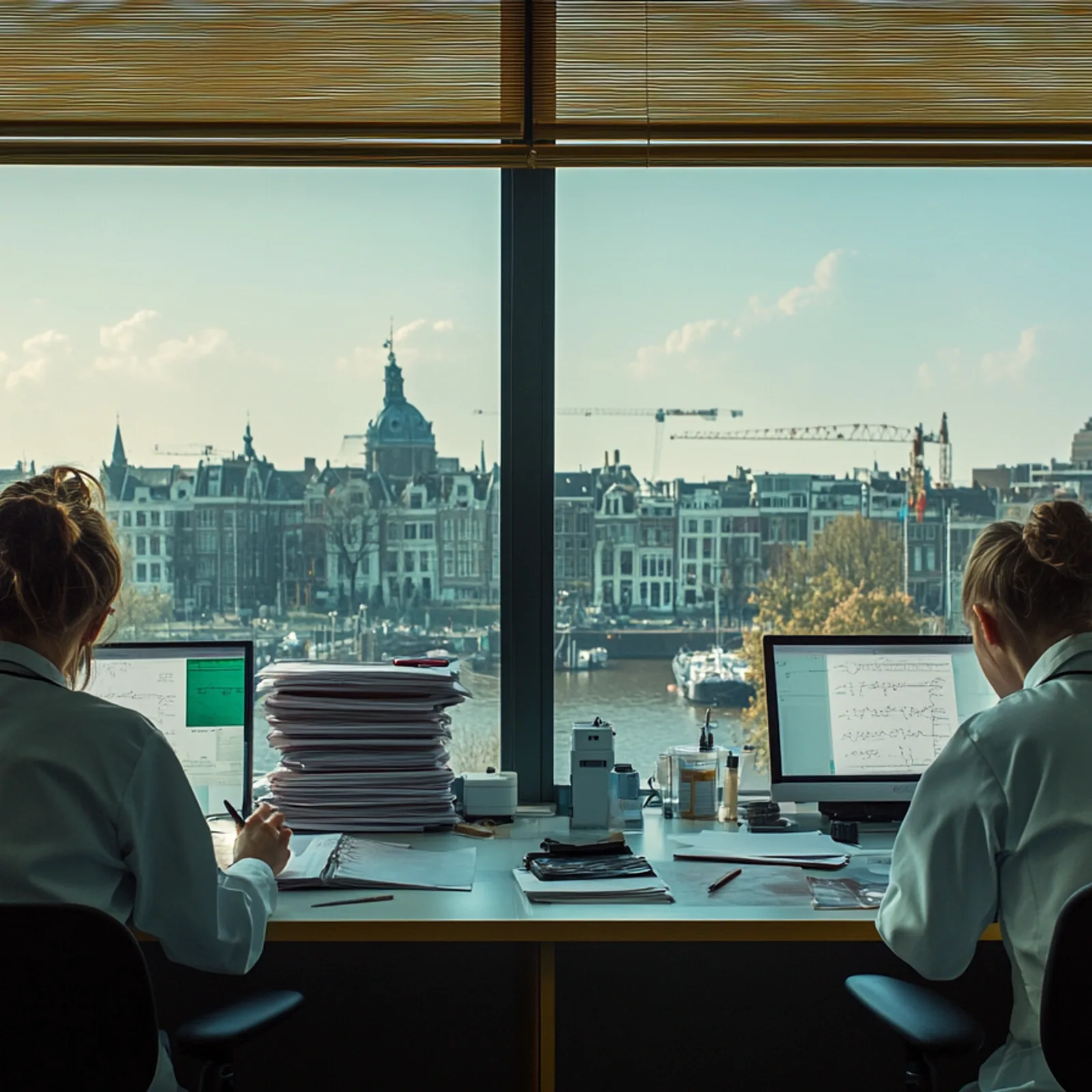 Twee zorgprofessionals bezig met prompts, maar dan gegenereerd met AI